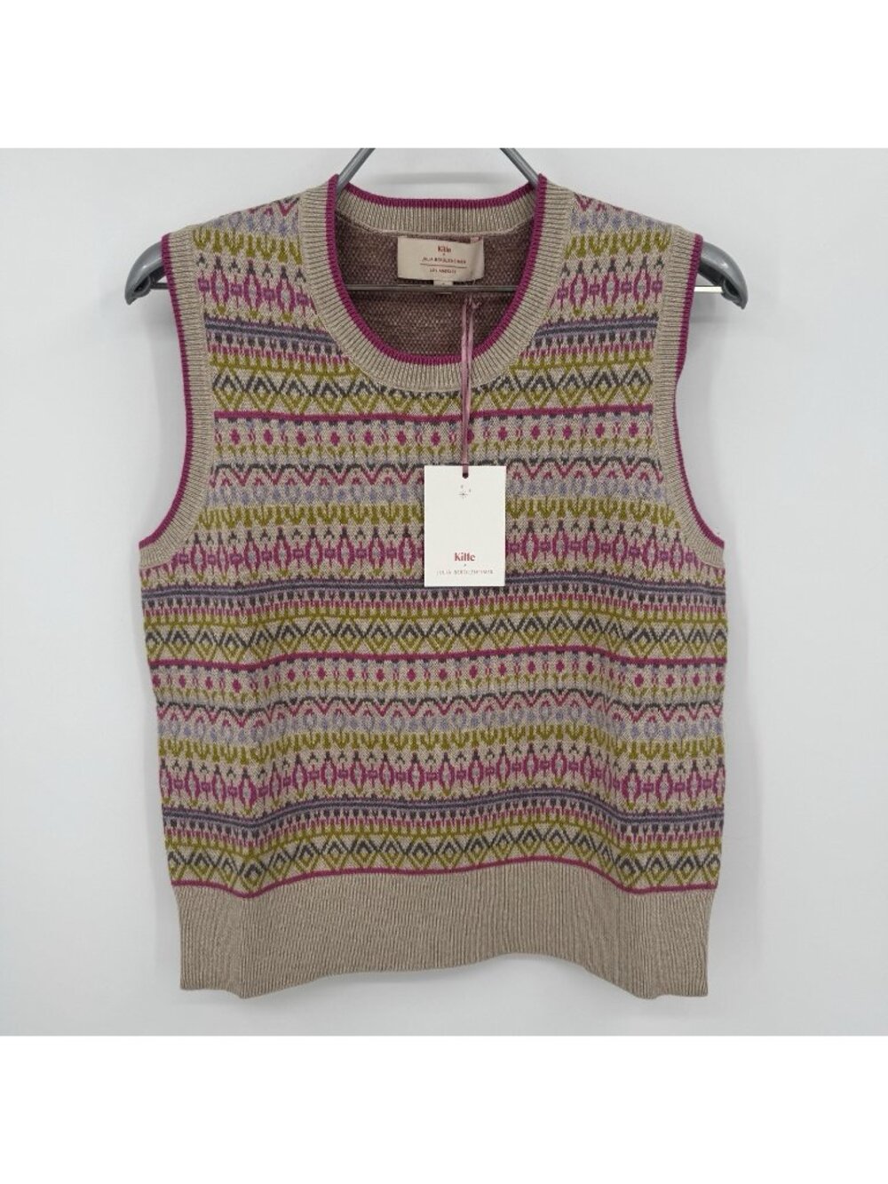 Kilte Collection Goldie Fair Isle Sweater Shell/Tan sz 2 M Cotton-Cashmere $225